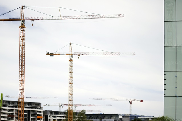 Cranes over various Green Square construction sites.