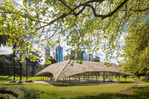 The 2016 MPavilion by Studio Mumbai in the landscape of Melbourne's Queen Victoria Gardens.