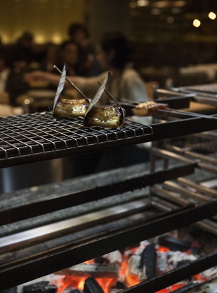 Open charcoal robata grill. 