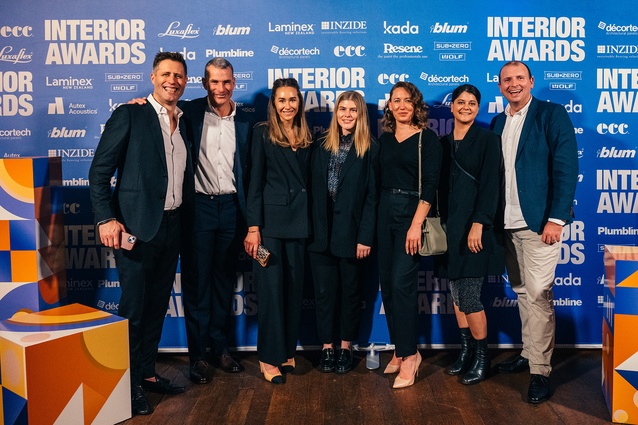 Harry Rowntree (Unispace) with the team from Interior Awards sponsor Kada: Dave White, Kate Lee, Millie Elliot, Jasmine Ericson, Chelsea Ruston and Kerry Thomas.  
