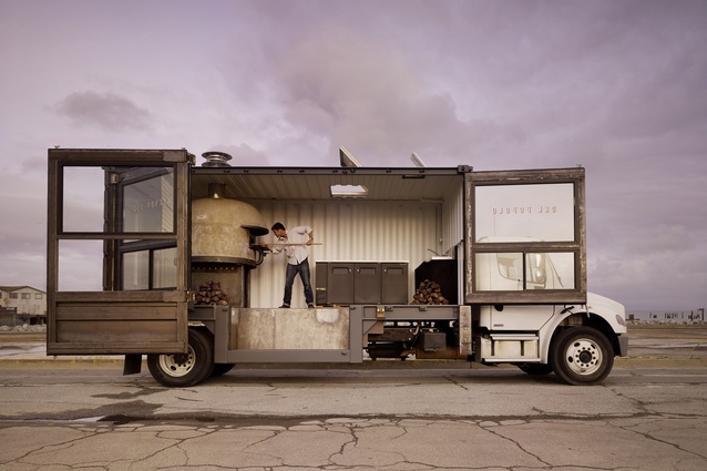 A shipping contained transformed into a mobile pizzeria called Del Popolo in San Francisco. 