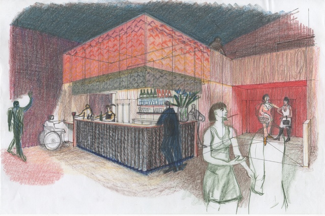 The concept for Te Pou's lobby by Graeme Burgess. Watercolour pencils on paper.
