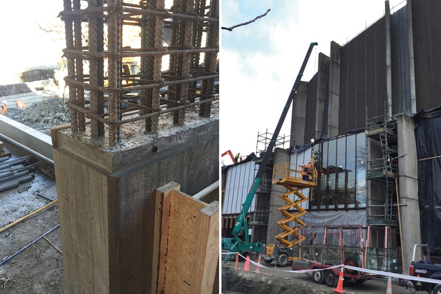 The first lift concrete pour on the new structural column; fitting the new exterior double glazing to the Douglas Lilburn Auditorium.
