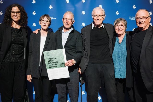 F. Gordon Wilson; announcing the Fellowship at the 2022 National Architecture Awards in Christchurch were Wilson’s granddaughter Julia Wilson Mandell, daughter Marilyn Mandell, sons Tony and Peter Wilson, daughter Sara Wilson and architect Ken Davis.