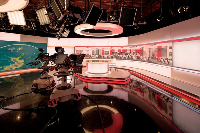 Medium-specific production suites, such as this television studio, smoothly flow into each other throughout the wider, open-plan space. 