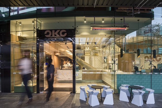 Exterior of Oko Dessert Kitchen, tucked into a corner of Aotea Square, Auckland.