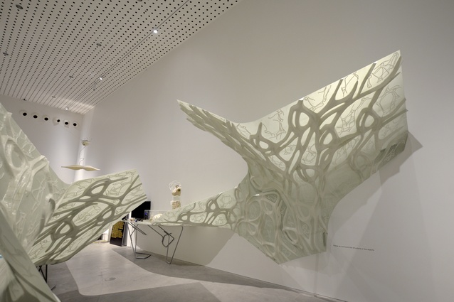 Composite wing fabricated and constructed by Studio Roland Snooks for 'The Future is Here' exhibition in the RMIT Design Hub, Melbourne in 2014.