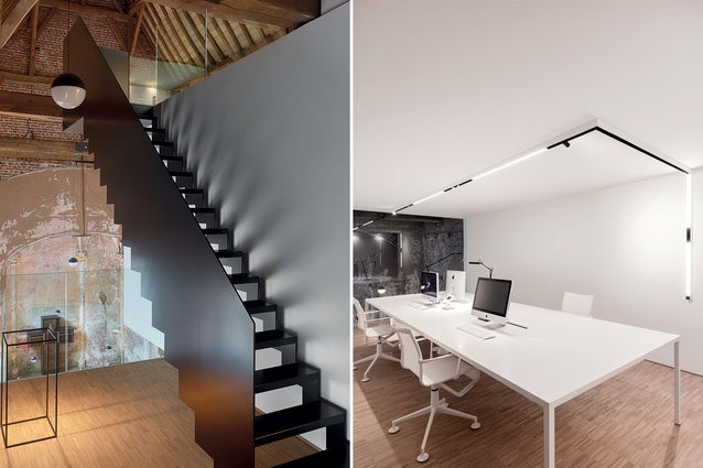 Staircases and terraces offer varying views and experiences of the chapel; boxes housing workstations have parquet flooring and integrated lighting.