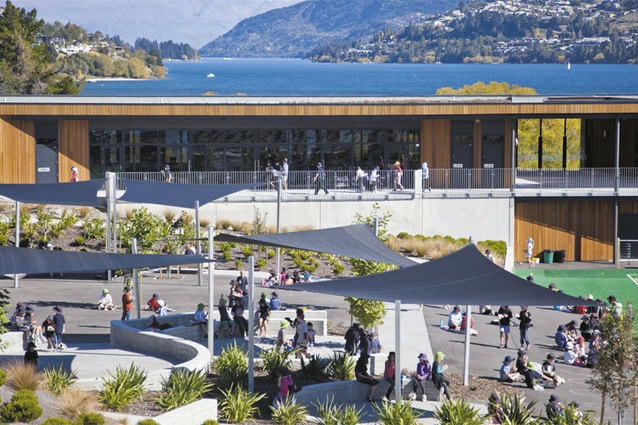 View west over the main two-level building. Its form is designed to shield the sunken play area at the school's heart from cool winds off the neighbouring Lake Wakatipu.