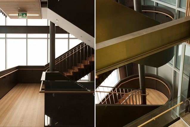 A winding staircase offers open views around the atrium space. 