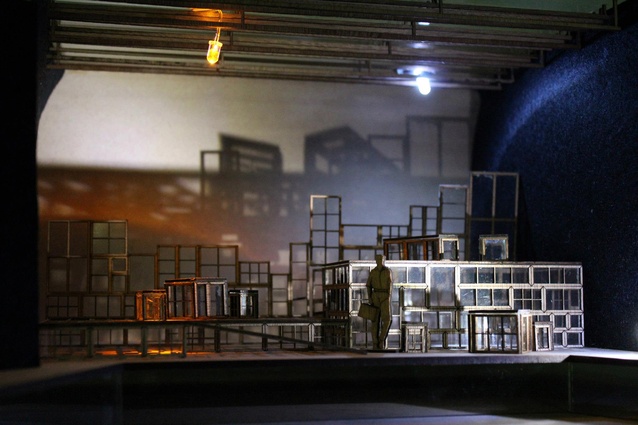 Set design for <em>Death of a Salesman</em> that Melanie completed during her studies. Here, windows are used as a motif to represent the vulnerability of the main character.