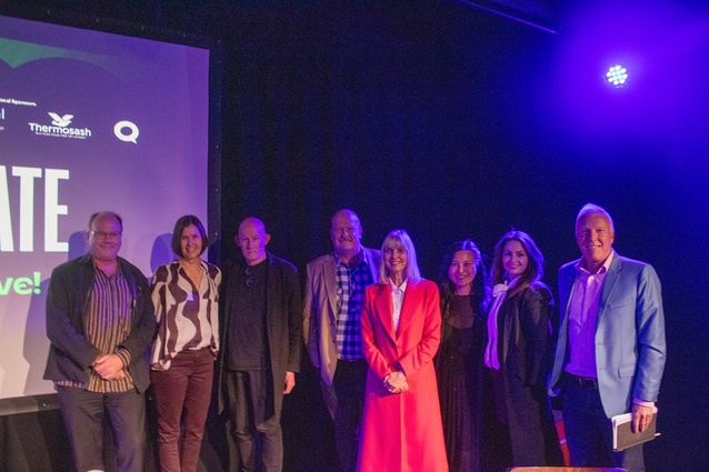 The speakers, from left: Julian Mitchell, Karen Pettigrew, Bill McKay, John Tookey, Viv Beck, Jenny Chen (MC), Juliana Wilson and Kent Nixon.