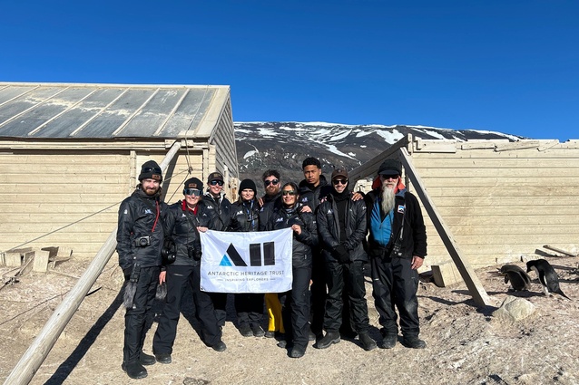 Outside the Borchgrevinks Hut at Cape Adare, the eight explorers (from left): Calum Turner, Maia Ingoe, Louise Piggin, Lucy Hayes-Stevenson, Daniel Bornstein, Ngawai Clendon, Kitiona Pelasio and Jake Bailey with Al Fastier of Trust’s Ross Sea Heritage Restoration Project.