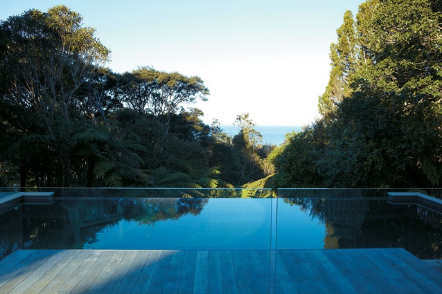 The pool is a deep, natural blue and drops off at the edge to showcase superb views of the dense bush that runs all the way to the beach and sea.