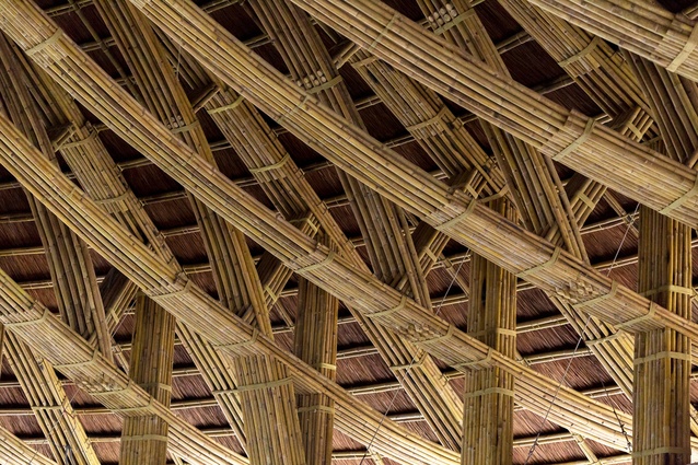 Kim Boi Restaurant. A 12-sided polygon structure, the bamboo is connected together with lashings and bamboo bolts to form a frame on the floor before being erected by crane.