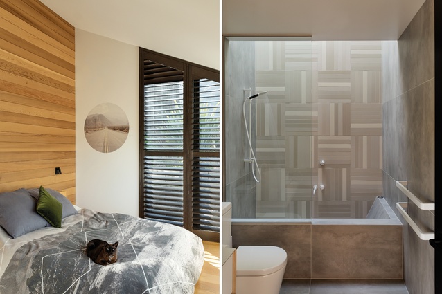The bedroom ceiling follows the roof line, lending a cosy feeling to this private space at the end of the hallway; the bathroom features playful linear tiling, which is also used in the kitchen.