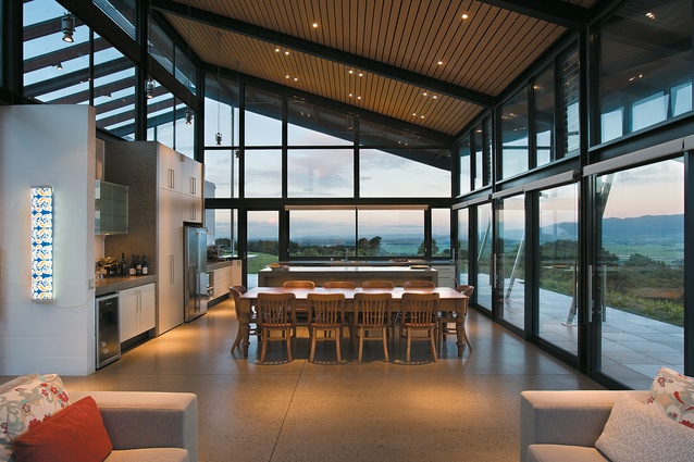 The glass and steel living area looks out to the south Wairarapa countryside. 