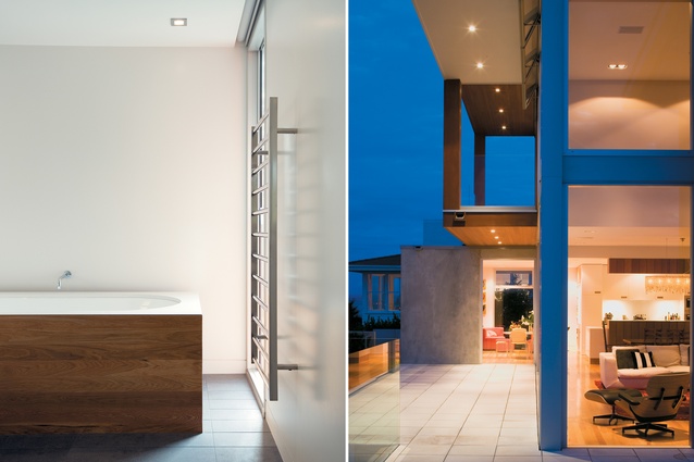 Considered combinations of materials in the bathroom give interest and warmth to this space; The dramatic overlapping and cantilevering of forms creates a rich seaward façade.