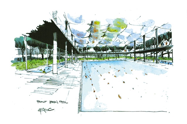 This sketch for Point Erin Pool stirred the Council into action. However, the pool had not much more than a lick of paint rather than conversion to an all-season pool with PTFE roof, the aerial running track and gymnasium, health food café, sports medicine, spas... 2010.