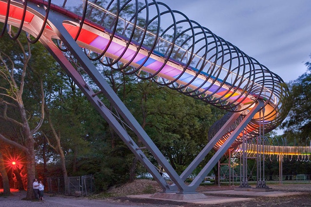 The Slinky Springs Bridge in Oberhausen, Germany was designed by artist Tobias Rehberger in 2011, in collaboration with  structural engineers Schlaich Bergermann and Partner.