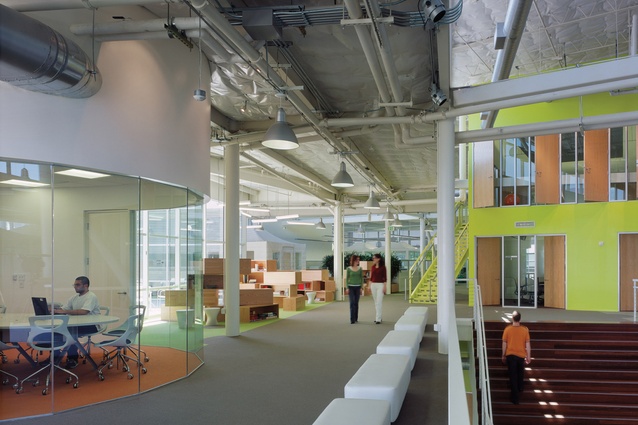 Google office in Silicon Valley, California by Clive Wilkinson. The design integrates a software engineering workspace with learning, meeting, recreational and food facilities.
