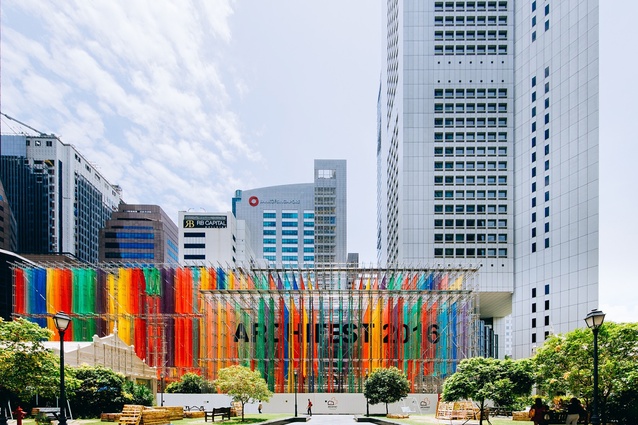 Archifest 2016 Pavilion, Singapore by DP Architects. Composed entirely of construction site materials, this multi-coloured urban sculpture offers a place for respite from the busy CBD.