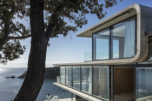 Nothing if not confident: the concrete house cantilevers out towards a Waiheke bay.
