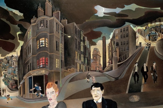 <em>Cowdaddens Streetscape in the Fifties</em> by Alasdair Gray, 1964, was clearly a visual reference point for the film.