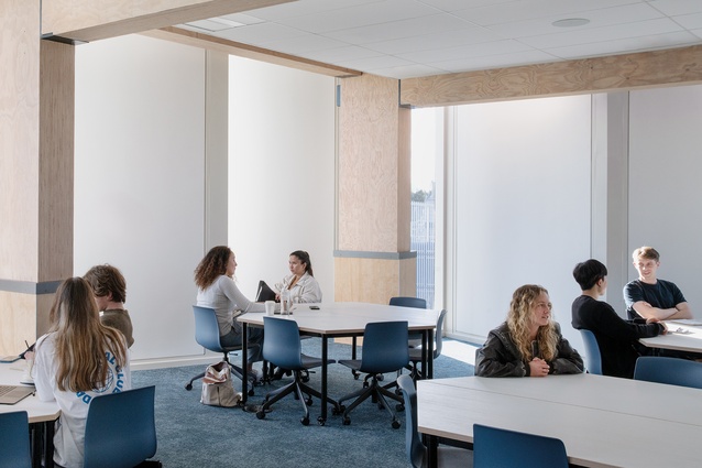 Diffuse light washes the internal face of the sawtooth walls that address the campus-heart landscape.