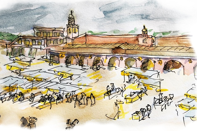 Sketch from the main plaza in the old city of Marrakesh, Jamaa el Fna.