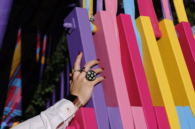 The Resene colour scheme reflects the present-day ‘Barbie-fication’ of femininity in the two shades of pink, the purple referencing International Women’s Day, and the blue and yellow drawing from flags of diversity.