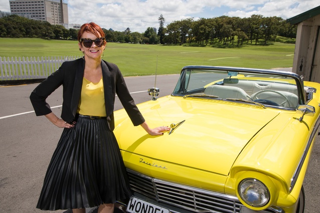 Chief marketing officer at Mercury, Julia Jack, with 'Evie': the converted electric 1957 Ford Fairlane.