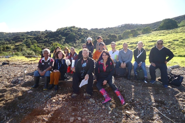Deidre with her Advanced Design 2 class at Rangihoua/Marsden Cross in 2014, with her co-tutor, Rewi Thompson, and local kaumatua, Hugh Rihari. This is Deidre's ancestral land and was the site for the class project that year.