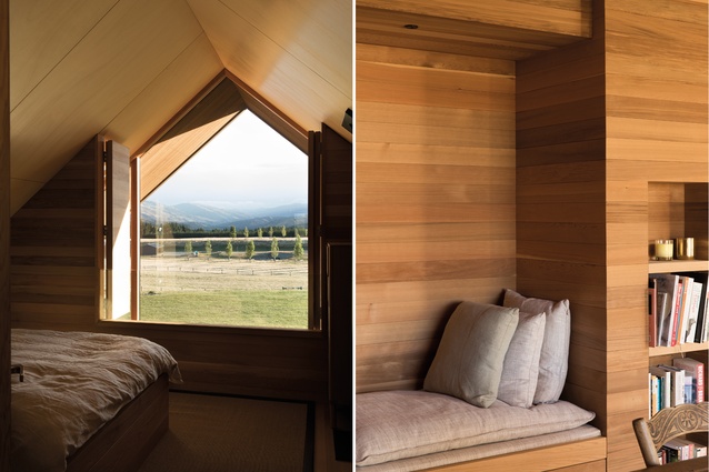 Shuttered windows add to the barn aesthetic; built-in elements help to extend the sense of space throughout.