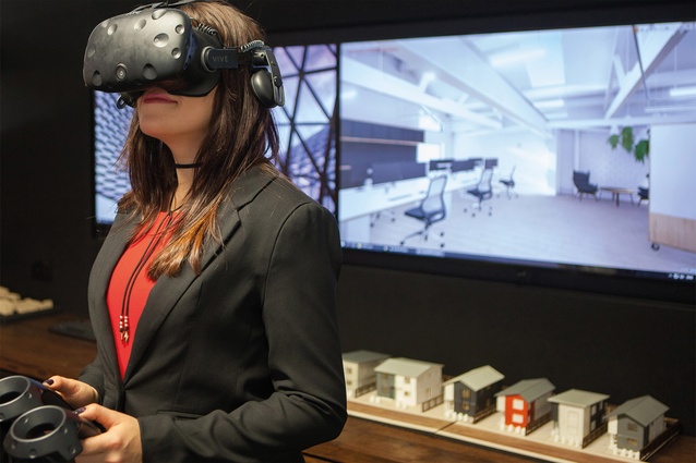 Headset on and exploring inside a design in Context's Auckland VR lab.