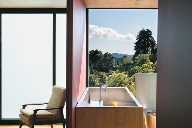 The north-facing bathroom on top floor (with Rangitoto Island in the distance).