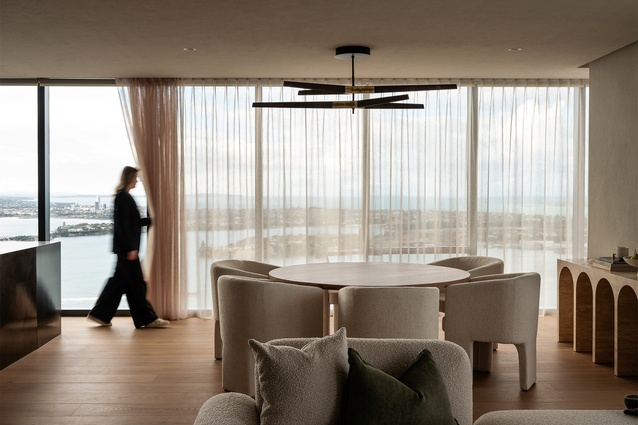 The curtain wall frames the uninterrupted view of the Waitematā Harbour from the 54th level of the Pacifica tower.