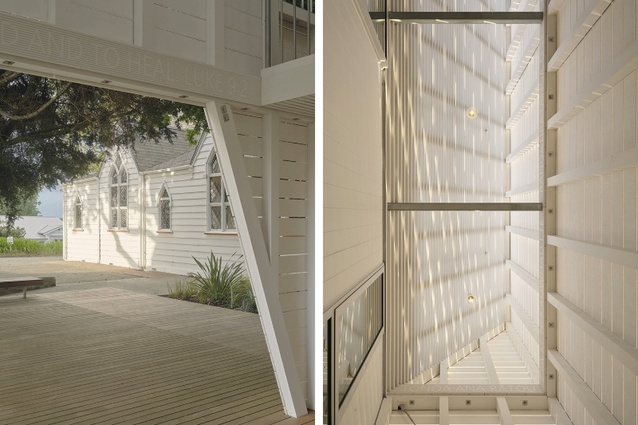 Configured for effortless accessibility, the new building’s floor was set level with the existing building, resulting in completely level access between the car park, hospitality spaces and church. The verandah is inscribed in Māori and English, with sacred texts from Saint Luke, the church’s patron saint.