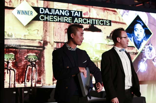 DJ Tai of Cheshire Architects – Emerging Design Professional Award winner – receiving trophy and $1,000 prize money in an A4 Youmans Capsule.