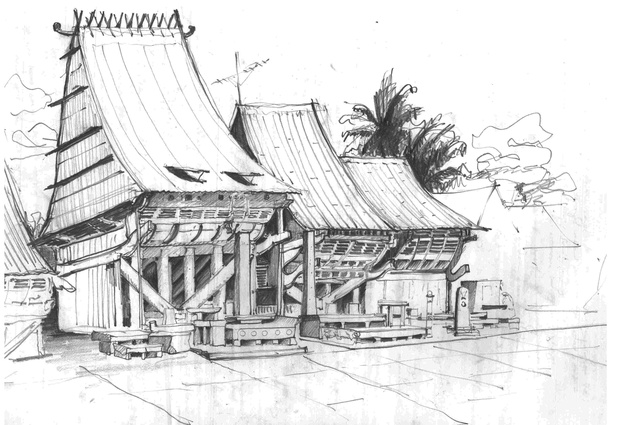 Chief's house in Bawamatoluo on Nias Island, near Sumatra. Drawn by Julie Stout.