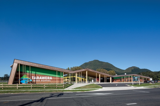 The front elevation of the school with its dramatic folding roof form is appropriate within such a beautiful setting beneath the local maunga, Putauaki.