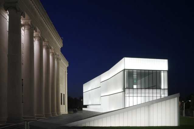 Nelson-Atkins Museum of Art, Kansas City by Steven Holl. Channel glass is used in a unique way here, and at night interior light illuminates the building's exterior surfaces.
