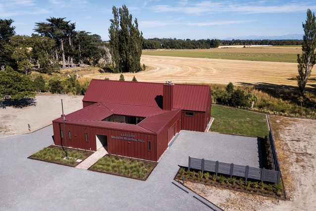 A bird’s-eye view of the hall looks towards Harts Creek and the distant Southern Alps.