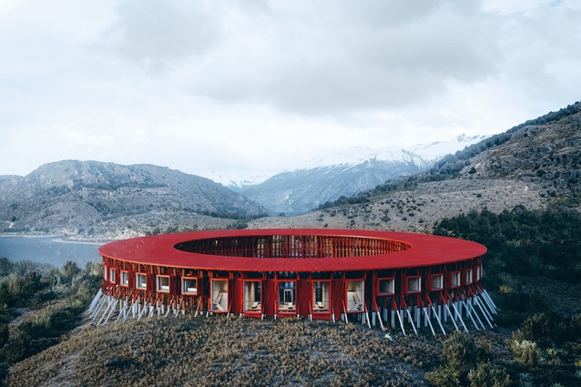 An unrealised project by Sebastián Irarrázaval Architects for a modular hotel in Patagonia that considered a skeleton of laminated wood and prefabricated volumes in CLT.