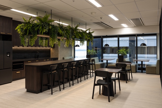 Communal areas in the 12th-floor space feature high-quality fabrics and finishes. 