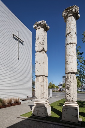 Two of the re-erected Ionic columns recovered from the ruins of the 1881 church after the 2011 earthquakes.