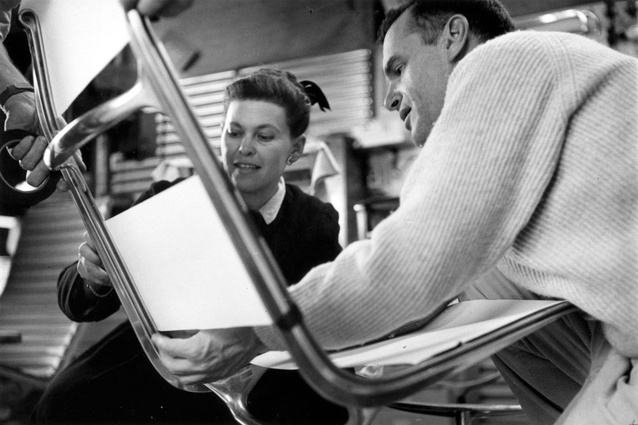 Ray and Charles Eames examining the sling locations to be covered by fabric lapping in a prototype of the Aluminum Group Lounge Chair, 1957, as seen in Jason Cohn and Billl Jersey's documentary Eames: the Architect and the Painter.