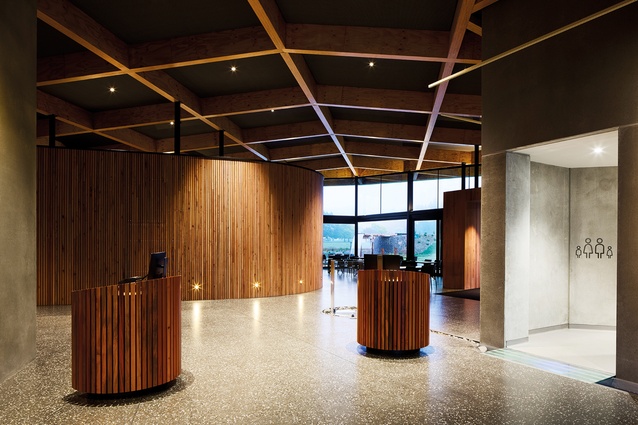 The reception space is defined by pre-cast concrete and Southland beech ‘pods’.
