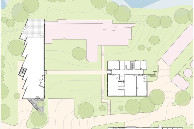 Site plan showing the Bunkhouse, and the Science and Interpretive Centres.