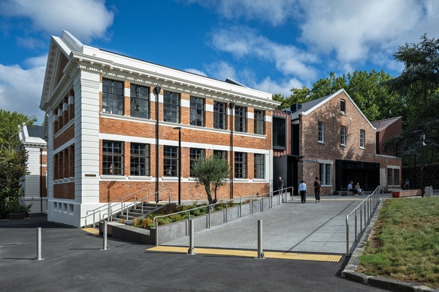 The exterior of the refurbished Old Choral Hall complex, looking from the Barracks Lawn. The four key construction phases, including the new additions, are clearly evident from this approach.